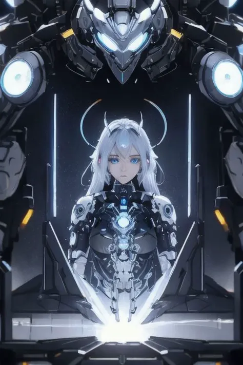 full_body, 1woman, mecha, glowing blue eyes, cute, biomechanical, complex robot, interior spaceship background in bokeh, hyper realistic, hyper detailed, intricate, insane fine details, crisp focus <lora:compb0t:0.8>, beautiful woman