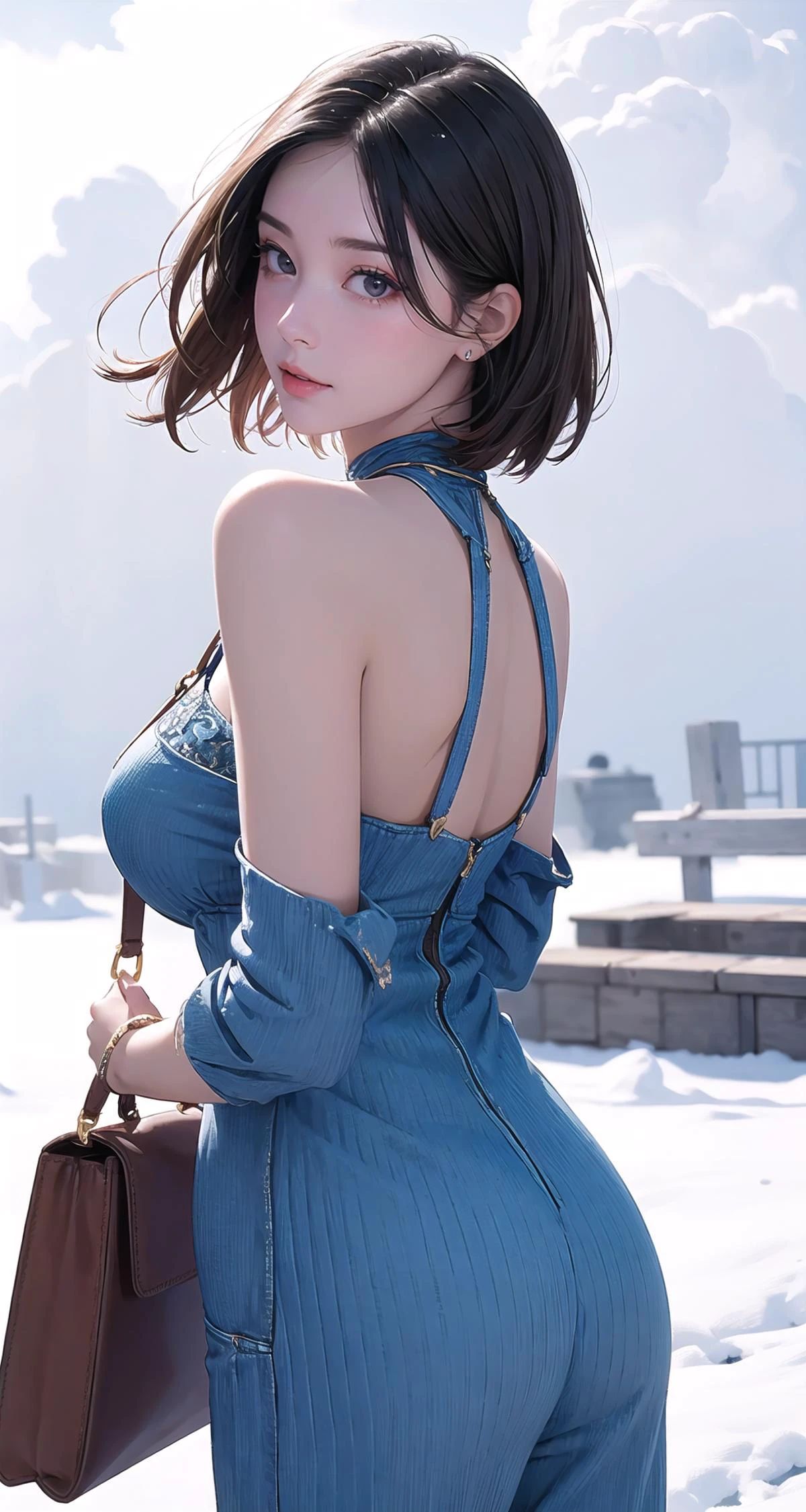 ((masterpiece,intricate details)),1girl,mature female,brown eyes,Shaggy cut,,:3,huge breasts
BREAK
, Blue_halter-neck_jumpsuit, white_block_heels, rattan_box_bag, chunky_gold_bracelet, statement_ring,
BREAK
day,snow,windy,blue sky,ice,((cumulonimbus)),((cowboy shot)),from above:1.2,depth of field,looking at viewer,