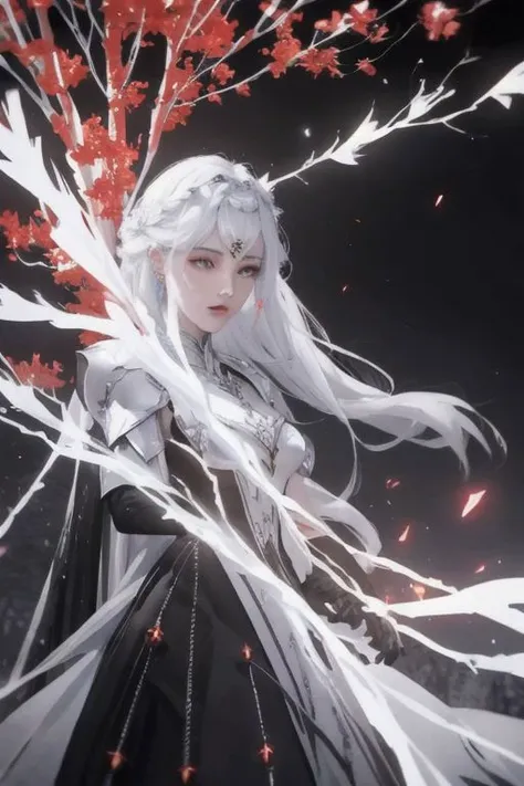 black rock land with many glow red:1.2 crystals and many bright yellow crystals, blackist rock land, (one huge illusion tree made of white bright lights), (1girl:1.3, beautiful woman, white glow armor, ), black land, face focus