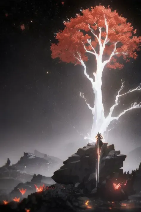 black rock land with many glow red:1.2 crystals and many bright yellow crystals, blackist rock land, (one huge illusion tree made of white bright lights), (1girl:1.3, beautiful woman, white glow armor, ), black land, face focus