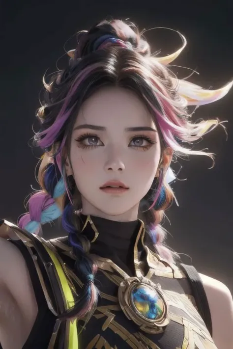Extreme closeup, portrait of a female warrior, multicolored mixed colored hair, braids, flying though a paradox, action pose, Cinematic scene, hero view, extremely beautiful piercing eyes, detailed background, masterpiece, best quality, high quality, highres, absurdres, very detailed, high resolution, sharp, sharp image, 8k, vivid, Mike Deodato