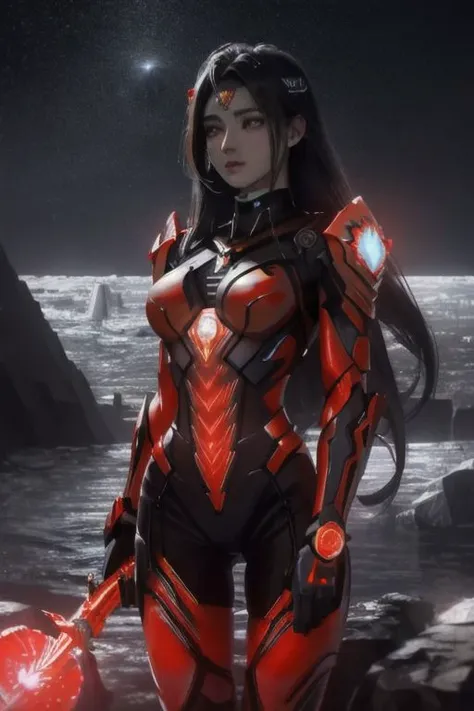 Superior quality, tmasterpiece, A high resolution, ((Photorealist: 1.4), photo RAW, - , red glow water, rock, black and glow, red+gamma glow crystals, - 1GIRL, WOMAN, goddess warrior, hard, detroit futuristic suit, cybersuit, glow suit, glow eyes, beautiful woman, red gliiter lip, yellow crystals