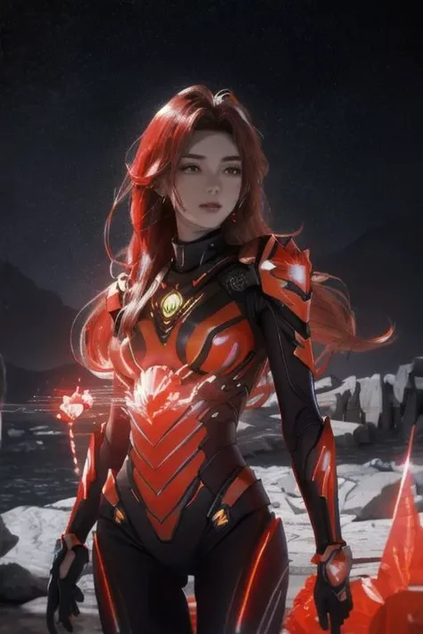 Superior quality, tmasterpiece, A high resolution, ((Photorealist: 1.4), photo RAW, - , red glow water, rock, black and glow, red+gamma glow crystals, - 1GIRL, WOMAN, goddess warrior, hard, detroit futuristic suit, cybersuit, glow suit, glow eyes, beautiful woman, red gliiter lip, yellow crystals