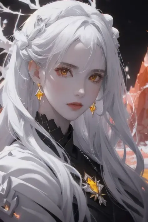 black rock land with many glow red:1.2 crystals and many bright yellow crystals, blackist rock land, (one huge illusion tree made of white bright lights), (1girl:1.3, beautiful woman, white glow armor, ), black land, face focus