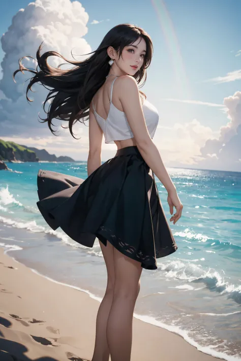 ((best quality, intricate details)), 1girl, female, finalfantasy7, tifa lockhart, brown eyes, Under Cut, smile, large breasts, beautiful face, beautiful body, white blouse, black circular skirt, white panties, tiffany neckless, pearl_earrings, realistic background, Beautiful beach on a remote island in the Pacific Ocean, cumulonimbus, rainbow, portrait, depth of field, behind back, looking at viewer, (hair flowing in the wind:1.2), (skirt waving in the wind, panty shot: 1.2), cinematic lighting, model shot, bare foot