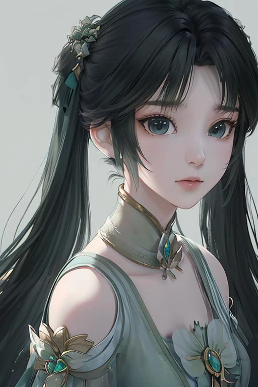 <lora:biyao:1>,biyao,1girl,solo,twintails,green dress,dress,(white background:1.5),upper body,Emerald,hair ornament,looking at viewer,black hair,long hair,(simple background:1.4),brown hair,clothing cutout,chinese clothes,shoulder cutout,, best quality , masterpiece, illustration, an extremely delicate and beautiful, extremely detailed ,CG,unity,8k wallpaper, Amazing, finely detail, masterpiece, best quality,official art,extremely detailed CG unity 8k wallpaper,absurdres, incredibly absurdres, huge filesize , ultra-detailed, highres, extremely detailed,beautiful detailed girl, extremely detailed eyes and face, beautiful detailed eyes,light on face,