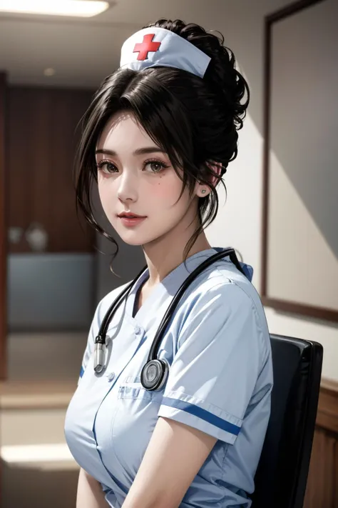 best quality, perfect face, intricate, beautiful scenery, ultra realistic 8k CG,perfect artwork, 1lady, sayuri, solo, updo, large breasts, beautiful skin, beautiful face, beautiful body, nurse, centered, indoor, hospital, depth of field, looking at viewer,  <lora:flat:-0.5>, <lora:sayuri:0.7>