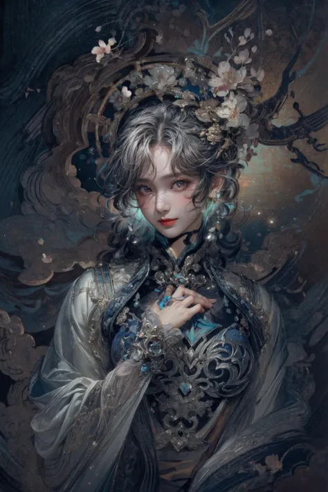realistic, photorealistic, best quality, masterpiece, ultra high res, finely detailed, quality, realistic lighting, detailed skin, intricate details, raw photo, absurdres, highres, ultra detailed, BREAK, 1girl, solo, looking at viewer, , poster, portrait, close up, key visual, beautifu and aesthetic face, nice hands, (hand of Guido Daniele:1.5), detailed background, detailed face, (jewelry, earrings, chinese clothes, long hair, hanfu, upper body, long sleeves, cloud, wide sleeves, flower, hair ornament, facial mark:1.5), (Silver hair, near a cherry blossom tree, human anatomy, morning, windy day, nice hands:1.4), (film view, Exaggerated Perspective:1.4), (detailed light, beautiful detailed glow, colored inner hair, clean facial features, an extremely delicate and beautiful, beautiful detailed eyes, stars in the eyes:1.3), (sexy, slim, large breasts, skinny, slim_legs, long legs, narrow waist, model pose:1.1), (smile, blush, Pink lips, Glowing Eyes, perfect face, detailed pupils, Makeup:1.1), (eye focus, face focus, character focus, close-up face:1.3), (dynamic pose, dynamic angle, dutch angle, cowboy shot:1.4), (reflection, refraction, Rembrandt lighting, diffuse lighting, radiosity, photon mapping, subsurface scattering, atmospheric lighting, dynamic lighting, Multi-exposure HDR capture, Screen Space Global Illumination, Ray Tracing, Lumen Reflections, Tone Mapping, volumetric lighting, Circular polarizer, broad lighting, dramatic lighting, moody lighting:1.3), (explosive light and shadow, lens flare, light particle, lens glare, light particles, Luminescent Particles, floating particles, particles:1.2), (depth of field, blurry foreground, sharp focus, perspective, aerial perspective, film grain, film:1.4), (colorful refraction, iridescent colors, Iridescence:1.1), (dark studio, rim lighting, two tone lighting, dimly lit, low key, rim light, dark theme), (watercolor style, soft blending, dreamy washes, delicate textures, brilliant colors, action painting, gestural marks, dynamic brushwork, expressive motion, spontaneous technique, abstract expressionism, energetic compositions, action pose, vibrant glow, dynamic colors, reflective surfaces, girly style, delicate accessories, Overdetailed art, Water color painting, ornaments detailed:1.1), (atmosphere, Cosy, Peaceful, Hopeful:1.1), (Glowing ambiance, enchanting radiance, luminous lighting, ethereal atmosphere, mesmerizing glow, evocative hues, captivating coloration, enchanting aura, melanchonic soft light:1.1), official art, beautiful and aesthetic, beautiful, (zentangle, mandala, tangle, entangle), (ecstasy of flower:1.1), the most beautiful form of chaos, elegant, a brutalist designed, vivid colours, romanticism, atmospheric, warm tone, soft light, (fractal art), BREAK, delicate, Ultrarealistic, drawing, Detailed illustration, extremely detailed CG Unity 8k wallpaper, cinematic, dramatic, PBR Texturing, huge filesize, 8k uhd, octane render, unreal engine 5, BREAK, <lora:epiNoiseoffset_v3:1>, <lora:add_detail:0.65>, <lora:more_details:0.65>, <lora:GoodHands-beta2:1>, <lora:LowRA:0.6>, <lora:meihuagao:1>