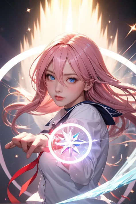 masterpiece,best quality,1girl,looking at viewer,long hair,blue eyes,hair between eyes,pink hair,school uniform,white shirt,collar,red ribbon,best lighting,shine,delicate magic circle background,breaken splashing crystals floating,ice,light particles,crystalline flyingsplashes,motion blur,Circle of Stars,delicate circle,light,magic glow,light shafts,Joseph Zbukvic,