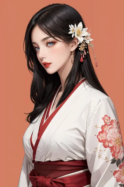 (masterpiece),(extremely intricate:1.2),photorealistic,(extremely delicate),ultra realistic,highly detailed,fantasy,front view,upper_body,
1girl,solo,milf,mature_female,slender,big breasts,hanging breasts,narrow_waist,slender_waist,white_skin,fair_skin,long hair,flower_hair,
detailed face,nice detailed eyes,beautiful detailed eyes,looking_at_viewer,Thin Lips,blush,red lips,
arms_held_back,
kimono,obi,furisode,
<lora:GoodHands-beta2:1>,simple_background,red_background,