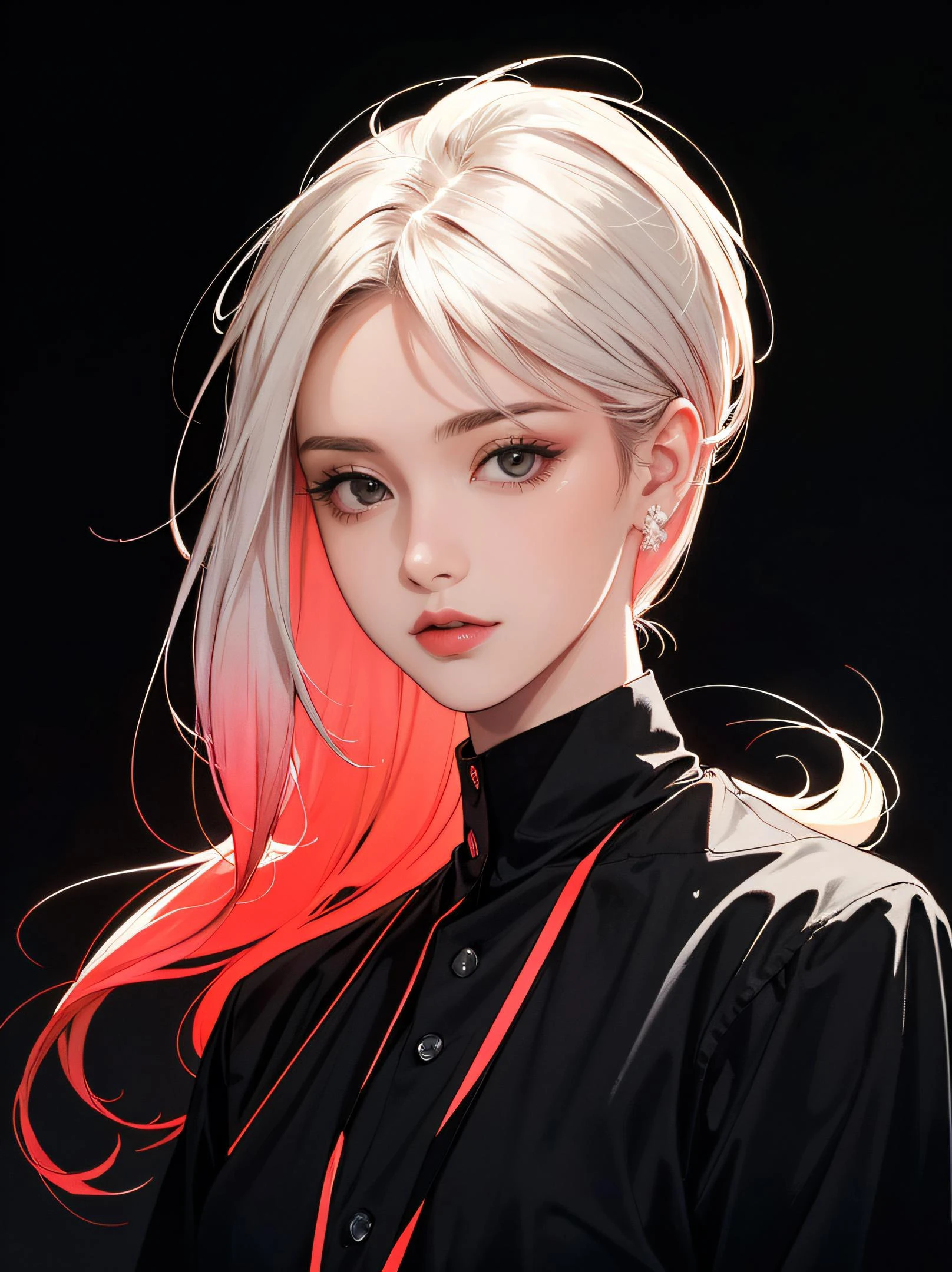 1girl,Rim lighting,black eyes,upper body,hi-top fade,
stunning gradient colors,
black red background,
(masterpiece, best quality:1.4),