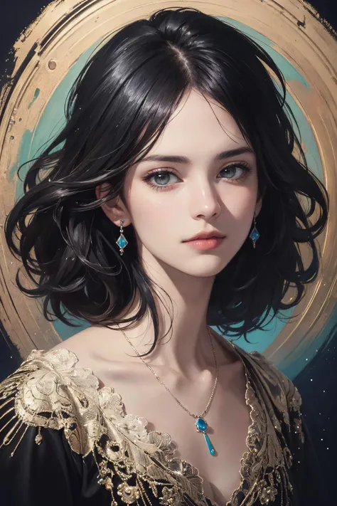 ((Masterpiece, Excellent, Super Delicate, High Resolution)), Solo, Beautiful Girl, Sparkling Eyes, Perfect Eyes, Eyes in the middle staring at the camera, 15 years old, Gold black and white theme,