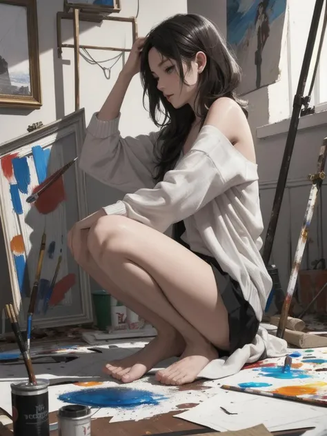 (masterpiece, best quality),1girl,messy hair,messy room,looking down,painter,