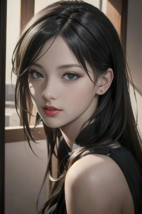 (masterpiece, best quality:1.4),(photorealistic:1.4)(realistic, photo-realistic:1.4),8k UHD,ultra high res,RAW,HDR,1girl,black eyes,black eyes,looking at viewer, thin lips,Bright red lipstick,