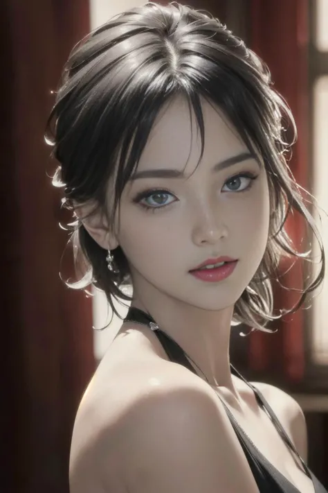 (masterpiece, best quality:1.4),(photorealistic:1.4)(realistic, photo-realistic:1.4),8k UHD,ultra high res,RAW,HDR,black eyes,black eyes,looking at viewer, thin lips,Bright red lipstick,