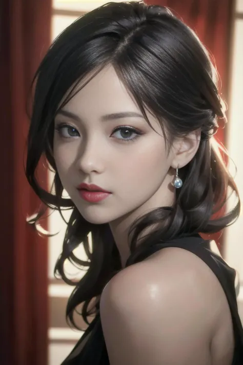 (masterpiece, best quality:1.4),(photorealistic:1.4)(realistic, photo-realistic:1.4),8k UHD,ultra high res,RAW,HDR,1girl,black eyes,black eyes,looking at viewer, thin lips,Bright red lipstick,