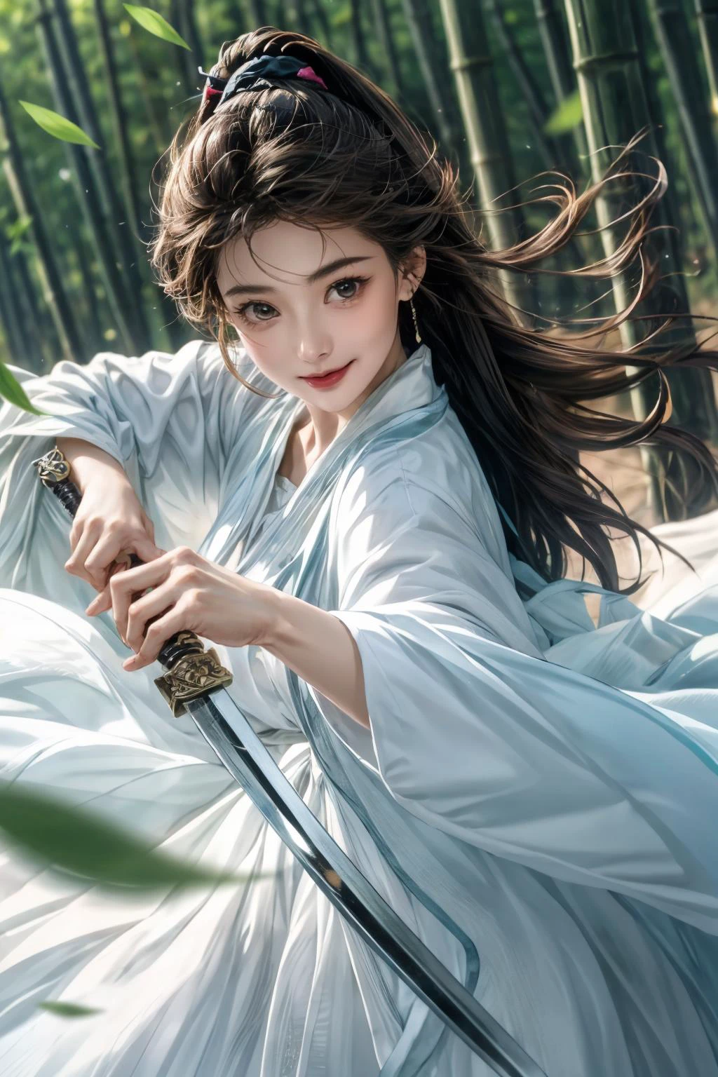 (Highest picture quality), (ultra-detailed), (sharp focus), close-up, (depth of field), RAW, realistic, colorful, vivid colors, (masterpiece), (best quality), photorealistic, absurdres, highres, intricate details, maximum details, delicate, HD, rich details, extremely exquisite, original, official art, beautiful and aesthetic, BREAK, detailed eyes, detailed skin, detailed face, Good anatomy, good structure, Good composition, perfect composition, amazingly realistic render in 4k, golden ratio, hand of Guido Daniele, BREAK, (explosive light and shadow:1.1), extremery detailed cg, (rim lighting:1.1), (two tone lighting:1.1), (Rembrandt lighting:1.1), anime aesthetic, anime coloring, best illustration, BREAK, 1girl, solo, 20 years old, pov, face focus, emotional, symmetrical, (looking at viewer:1.2), stunning innocent symmetry face, ulzzang, blush, (PureErosFace_V1:0.7), cute Ethereal Female, shiny skin, skinny, slender body, narrow waist, huge breasts, petite, smile, happy, parted lips, cute, Makeup, ultra detailed beautiful big brown eyes, shiny eyes, wide-eyed, open mouth, bangs, red lips, (caramel brown long hair:1.1), tgwx, weapon, sword, nature, forest, holding, bamboo forest, holding weapon, bamboo, blurry, holding sword, long sleeves, blurry background, standing, white long upper shan, fighting stance, standing, outdoors, dancing leaves, sunlight filtering, plant, mountain, cloud, (cowboy shot:1.3), (bottom-up angle), (sunrise light), morning glow, clear, ethereal, beautiful, soft smiling, detailed iris, vibrant, film grain, natural skin texture, curvy body, female focus, detailed landscape, atmospheric lighting, vast perspective in the background, vast sky, (drawing with depth:1.1), (Perspective:1.1), lens flare, glare, beautiful sky, far away light, gentle breeze, Dazzling Atmosphere, (dynamic pose), (dynamic action), golden hour, (front view:1.4), glowing, beautiful detailed background, Scenes with extreme detail, over the top beautiful, 8k_wallpaper, extremely detail artwork, BREAK, <lora:add_detail:1>, <lora:epi_noiseoffset2:1>, <lyco:neg4all_bdsqlsz_V3.5:1>, <lyco:GoodHands-beta2:1>, <lora:AiOMG-æ¢¦ä¸æ
äººè¸æ¨¡DreamLoverFace_Lora_V1.0:1>, <lora:ä¸å½é£æ¦ä¾ _ä¸å½é£æ¦ä¾ :0.6>
