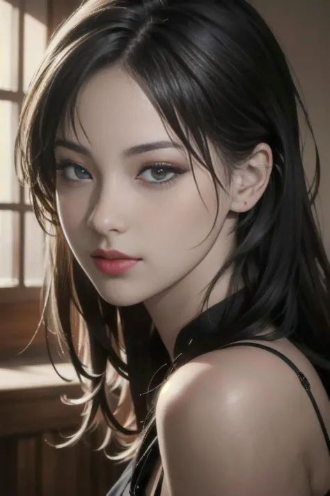 (masterpiece, best quality:1.4),(photorealistic:1.4)(realistic, photo-realistic:1.4),8k UHD,ultra high res,RAW,HDR,1girl,black eyes,black eyes,looking at viewer, thin lips,Bright red lipstick,