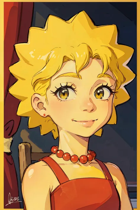 (best quality, masterpiece, RAW photo,ultra-detailed:1.2), <lyco:GoodHands-beta2:1.0>,1girl,solo,looking at viewer,smile <lyco:TheGooder_Lisa_Simpson1-1:0.5>
lisa simpson, red dress,black bead eyes,yellow skin, blonde hair,
