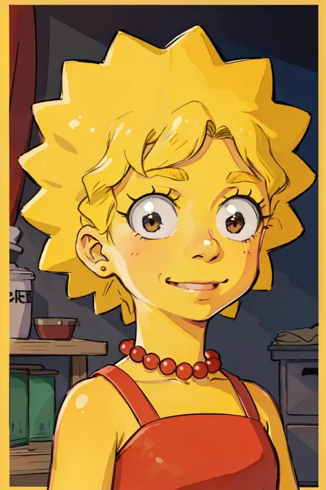 (best quality, masterpiece, RAW photo,ultra-detailed:1.2), <lyco:GoodHands-beta2:1.0>,1girl,solo,looking at viewer,smile <lyco:TheGooder_Lisa_Simpson1-1:0.55>
lisa simpson, red dress,black bead eyes,yellow skin, blonde hair,