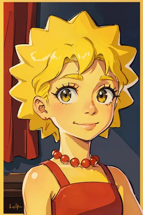 (best quality, masterpiece, RAW photo,ultra-detailed:1.2), <lyco:GoodHands-beta2:1.0>,1girl,solo,looking at viewer,smile <lyco:TheGooder_Lisa_Simpson1-1:0.45>
lisa simpson, red dress,black bead eyes,yellow skin, blonde hair,