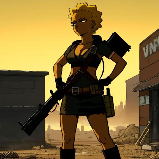 lisa simpson, combat wear, black bead eyes, yellow skin, postapocalyptic, bandolier, rifle, dirty face, dirty dress
<lora:lisaSimpson_v10:0.7>