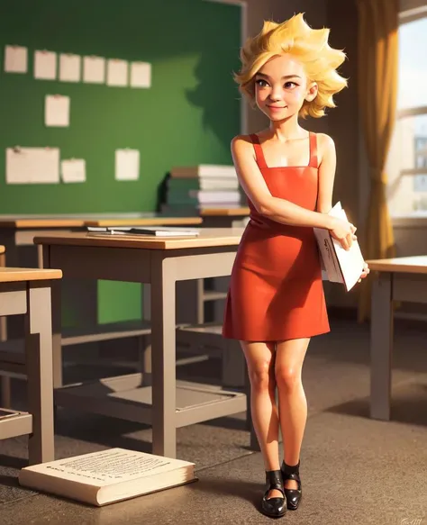best quality, face focus, soft light, (depth of field) ,ultra high res, (photorealistic:1.4), RAW photo, 1girl, smile,holding books full body shoot, lisa simpson, yellow hair, red dress, standing in the classroom, BLACK BEAD EYES, <lora:TheGooder_Lisa_Simpson1-1:0.9>, Red blouse