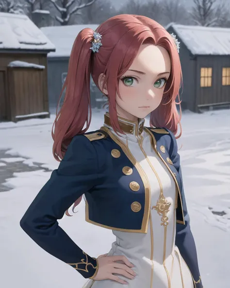 best quality, (masterpiece:1.2), illustration, absurdres,
(1girl, solo), (beautiful detailed girl),
<lora:Eleanor-08:0.9:>, Eleanor Hume, red hair, twintails, green eyes, small breasts,
blue jacket,blue sleeves, long sleeves, white dress, ornate dress, white boots, thighhigh boots,
winter, cold, snow, snowing, harbor, port, dark, stone buildings, cobblestone buildings, medieval village, viking village,
hands on hips, (upper body, portrait),,
flamboyant, (looking at viewer),