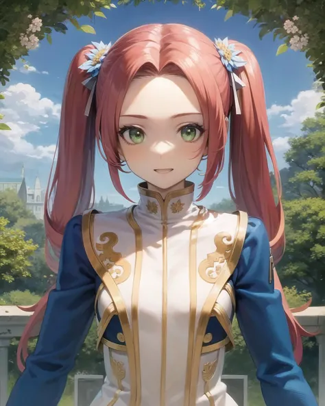 best quality, (masterpiece:1.2), illustration, absurdres,
(1girl, solo), (beautiful detailed girl),
<lora:Eleanor-08:0.9>, Eleanor Hume, red hair, twintails, green eyes, small breasts,
blue jacket,blue sleeves, long sleeves, white dress, ornate dress, white boots, thighhigh boots, fingerless gloves,
(upper body, portrait),,
church garden, outside church, stained glass, flowers, bush, plants, trees, sky, clouds, day, fruits, berries,
standing,
ecstatic, (looking at viewer),