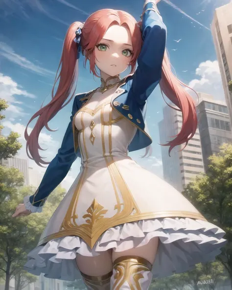 best quality, (masterpiece:1.2), illustration, absurdres,
(1girl, solo), (beautiful detailed girl),
<lora:Eleanor-08:0.85>, Eleanor Hume, red hair, twintails, green eyes, small breasts,
blue jacket,blue sleeves, long sleeves, white dress, ornate dress, white boots, thighhigh boots,
cowboy shot,,
park, city, tall buildings, street, tree, sky, clouds, day,,
arms up,
bitter, (looking at viewer),
