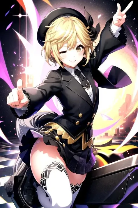 <lora:NagisaTsukimiyama-10:0.8>, nagisarondo, smile, skirt, thighhighs, long sleeves, hat, one eye closed, black skirt, white thighhighs, black headwear, pointing, argyle, riding, checkered floor, horse, horseback riding
