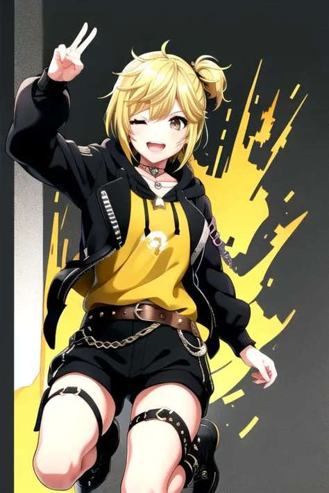 a handsome girl, solo,
blonde long hair, twintails, bangs, yellow eyes, bright eyes,
midriff jacket,
grin,
perfect lighting, best angle, blurry background,
masterpiece, best quality, extremely detailed face, extremely detailed