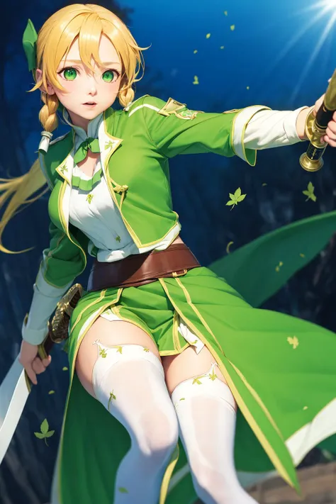 best quality, absurdres, ultra-detailed, <lora:Suguha:0.8>, Suguha, Suguha Leafa version, 1girl, long hair, blonde hair, sword, weapon, green eyes, solo, thighhighs, holding, very long hair, holding sword, fantasy, breasts