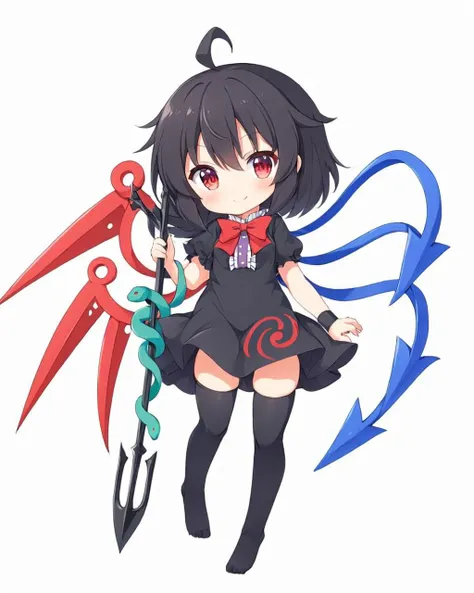 houjuu nue,1girl, solo, blue_wings, trident, black_thighhighs, asymmetrical_wings, smile, black_dress, white_background, red_bowtie, simple_background, looking_at_viewer, ahoge, full_body, short_sleeves, red_wings, blush, closed_mouth, holding_weapon, no_shoes, short_dress, snake, chibi, frills
<lora:houjuu_nue_image7311_2023-12-20:1>,star-shaped_pupils,symbol-shaped_pupils,. gorgeous,key visual, vibrant, studio anime,award-winning, professional, highly detailed,high budget, cinemascope