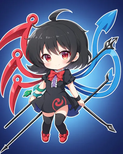 houjuu nue,1girl, solo, black_dress, red_footwear, short_sleeves, asymmetrical_wings, black_thighhighs, red_bowtie, chibi, blue_wings, full_body, ufo, red_wings, footwear_bow, trident, looking_at_viewer, :p, star_\(symbol\), short_dress, shoes, snake, ahoge, smile, blush, center_frills, holding_polearm, closed_mouth, wristband
<lora:houjuu_nue_image7311_2023-12-20:1>,star-shaped_pupils,symbol-shaped_pupils,. gorgeous,key visual, vibrant, studio anime,award-winning, professional, highly detailed,high budget, cinemascope