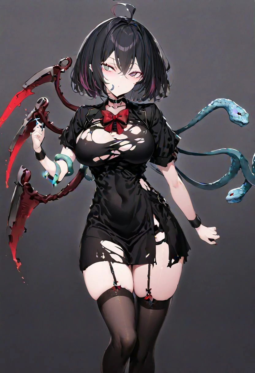 masterpiece, best quality, ultra-detailed, beautiful, nai3, 1girl, solo, full_body, tachi-e,
houjuu_nue, 1girl, black_hair, short_hair, red_eyes, red_bow, short_sleeves, wristband, snake, black_dress, black_thighhighs, asymmetrical_wings, red_bowtie,
goth, ahoge, choker, garter_straps, hair_between_eyes, large_breasts, torn_shirt, purple_eyes,