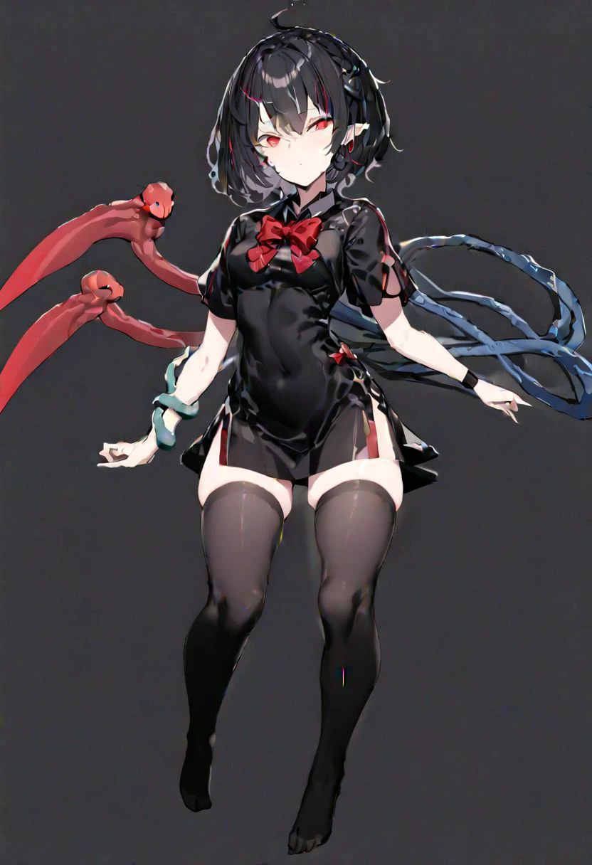 masterpiece, best quality, ultra-detailed, beautiful, nai3, 1girl, solo, full_body, tachi-e,
((houjuu_nue)):2, 1girl, black_hair, short_hair, red_eyes, red_bow, short_sleeves, wristband, snake, black_dress, black_thighhighs, asymmetrical_wings, red_bowtie,
