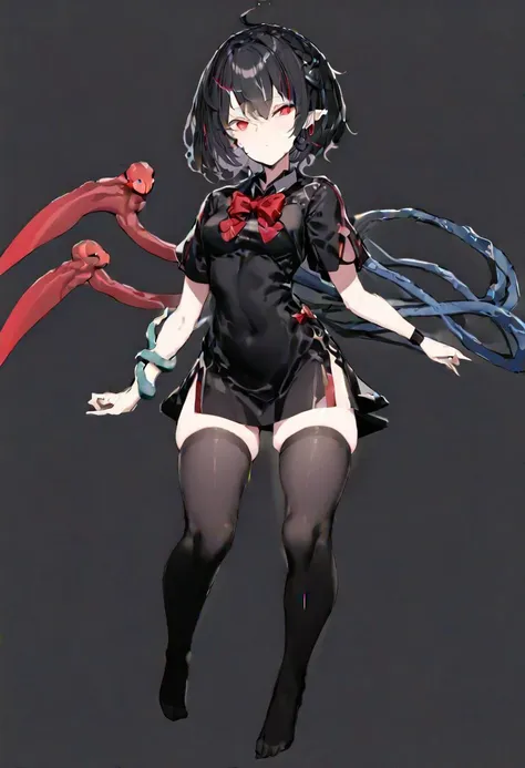 masterpiece, best quality, ultra-detailed, beautiful, nai3, 1girl, solo, full_body, tachi-e, 
((houjuu_nue)):2, 1girl, black_hair, short_hair, red_eyes, red_bow, short_sleeves, wristband, snake, black_dress, black_thighhighs, asymmetrical_wings, red_bowtie,