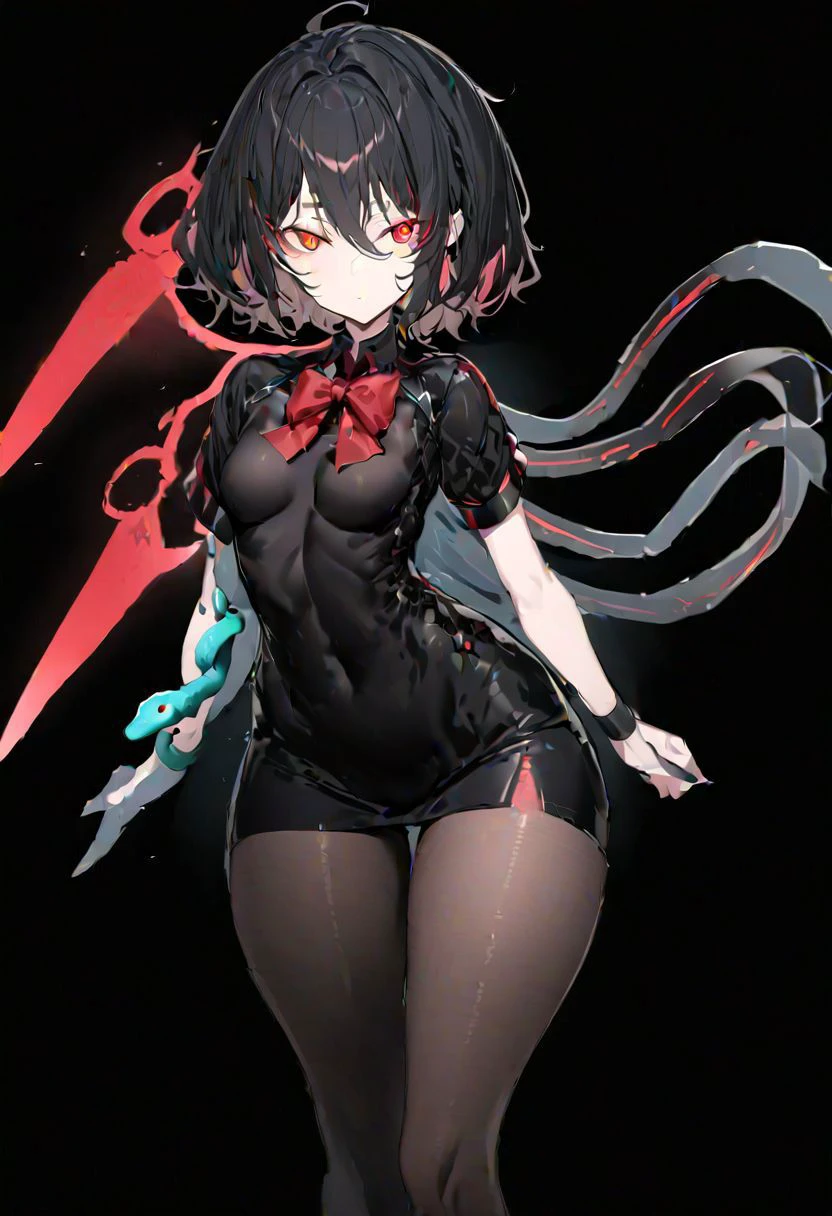 masterpiece, best quality, ultra-detailed, beautiful, nai3, 1girl, solo, full_body, tachi-e,
houjuu_nue, 1girl, black_hair, short_hair, red_eyes, red_bow, short_sleeves, wristband, snake, black_dress, black_thighhighs, asymmetrical_wings, red_bowtie,
antispiral_nia, antispiral_nia_(cosplay),
1girl, solo, bodysuit, dark_persona, cross-shaped_pupils, skin_tight, symbol-shaped_pupils, expressionless, glowing, hair_between_eyes, neon_trim, red_neon,