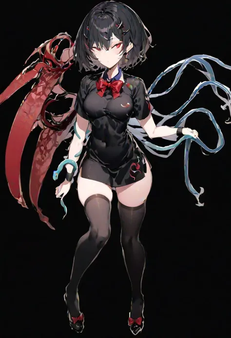 masterpiece, best quality, ultra-detailed, beautiful, nai3, 1girl, solo, full_body, tachi-e,
((houjuu_nue)):2, 1girl, black_hair, short_hair, red_eyes, red_bow, short_sleeves, wristband, snake, black_dress, black_thighhighs, asymmetrical_wings, red_bowtie,