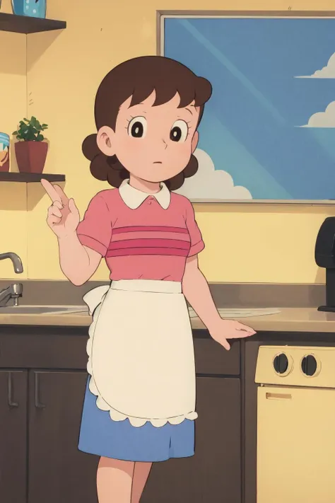 <lora:NKmamauedono:1>,mamauedono,retro artstyle,1980s \(style\),female,shirt,skirt,apron,