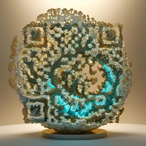 Like an ancient artifact from a future civilization, this 3D sculpture emerges from the virtual depths, its fractal forms bathed in the soft glow of bioluminescent hues. The artist's technique involves a meticulous layering of organic textures, creating a sense of tactile depth that belies the digital origins of the piece, digital masterpiece, photorealistic, ultrarealistic, intricate details, 8k, <lora:xl_more_art-full_v1:0.9>