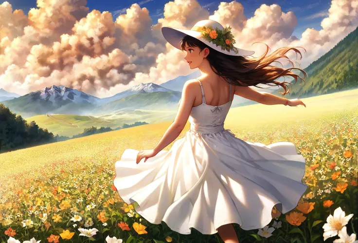 score_9, score_8_up, score_7_up, source_anime,  best quality,  raing_safe,BREAK 1girl, sundress, hat, long hair,  running through blooming meadow, scenic, scenery,  clouds, from behind, (focus on landscape:1.2), looking away, flowers, looking to the side,wide shot, from above,
detailed, intricate details, highres, masterpiece, aesthetically pleasing,sexy,vivid, colorful, perfect composition, golden hour, high contrast,
, <lora:quality1:0.8>, ,  <lora:ALTXL_pony_0061_8:0.8>  <lora:Pony_DetailV2.0:2.0>  <lora:hand 4:0.8> Hand ,  <lora:cnv3mdde878c738thn20:0.85>,     <lora:Smooth Anime 2 Style SDXL_LoRA_Pony Diffusion V6 XL:0.8>