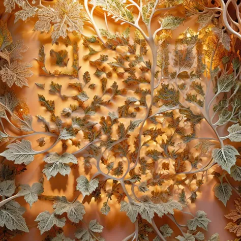 Like an intricate leafy tapestry to the digital cosmos, this 3D sculpture captures the essence of fractal beauty within its organic confines. Bathed in the soft glow of a simulated sunrise, the leaves become a canvas for the artist's exploration of chaos, each vein and contour contributing to a dance of celestial luminescence, digital masterpiece, photorealistic, ultrarealistic, intricate details, 8k, <lora:xl_more_art-full_v1:0.9>