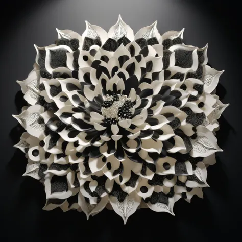 Entitled Binary Bloom, this artwork bathes in a serene palette of binary blacks and whites, The delicate interplay of shadows and illumination mimics the essence of creation itself, Through meticulous algorithmic patterning, the piece invites contemplation on the binary nature of existence and the symbiotic relationship between the organic and the artificial, ultrarealistic, hyperdetailed, cinematic, 8k, octane render, <lora:xl_more_art-full_v1:1>