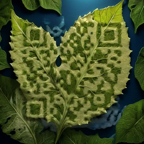 This leaf-framed digital marvel, bathed in the cool glow of simulated moonlight, captures the transience of beauty within its organic contours. The artist's technique involves a meticulous layering of fractal patterns, integrated seamlessly with leaves, creating a visual symphony that resonates with the cosmic rhythms of the night sky, digital masterpiece, photorealistic, ultrarealistic, intricate details, 8k, <lora:xl_more_art-full_v1:0.9>