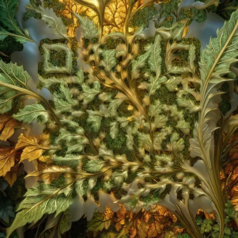 A leafy cascade of fractal wonders unfolds in this organic masterpiece, capturing the imagination with its intricate dance of light and shadow. The artist's technique involves the careful arrangement of leaves into sinuous curves and natural angles, creating a sense of organic fluidity within the frozen chaos of the fractal forms, digital masterpiece, photorealistic, ultrarealistic, intricate details, 8k, <lora:xl_more_art-full_v1:0.9>