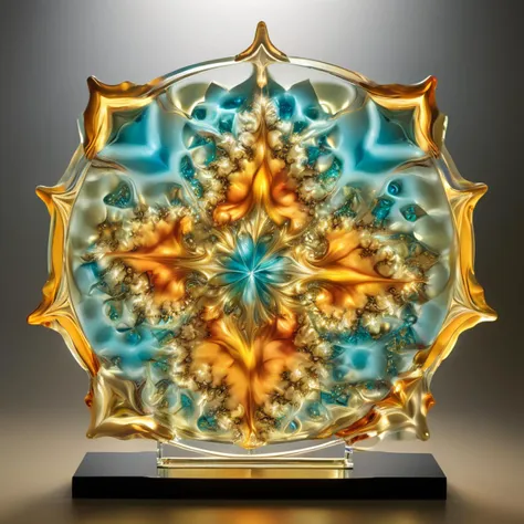 Bathed in the gentle glow of diffused sunlight, this glass-framed fractal sculpture becomes a symphony of luminosity. The artist's choice of translucent glass allows the intricate fractal patterns to play with the ambient light, creating a dynamic display of color that evolves with the changing angles of illumination, digital masterpiece, photorealistic, ultrarealistic, intricate details, 8k, <lora:xl_more_art-full_v1:0.9>