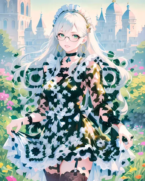 (((masterpiece))),(((best quality))),((ultra-detailed)),Hyper Real,Photorealistic,8K,high detail,high resolution,HDR,UHD,1girl,white long hair,wavy hair,green eyes,serene expression,sexy posing,looking at viewer,maid_headdress,print_dress,skirt_hold,hoop_earrings,coke-bottle_glasses,black_choker,;d,cowboy_shot,blurry background,garden,lace-trimmed_legwear,