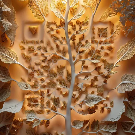 Like an intricate leafy tapestry to the digital cosmos, this 3D sculpture captures the essence of fractal beauty within its organic confines. Bathed in the soft glow of a simulated sunrise, the leaves become a canvas for the artist's exploration of chaos, each vein and contour contributing to a dance of celestial luminescence, digital masterpiece, photorealistic, ultrarealistic, intricate details, 8k, <lora:xl_more_art-full_v1:0.9>